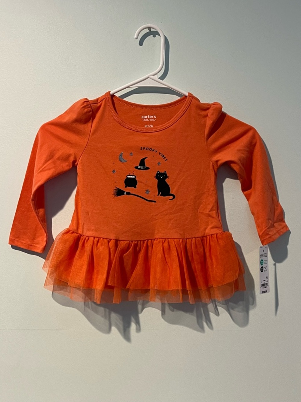 Carter’s Toddler Orange Long Sleeve 'Spooky Vibes' Tulle Hem Top, Size 2T